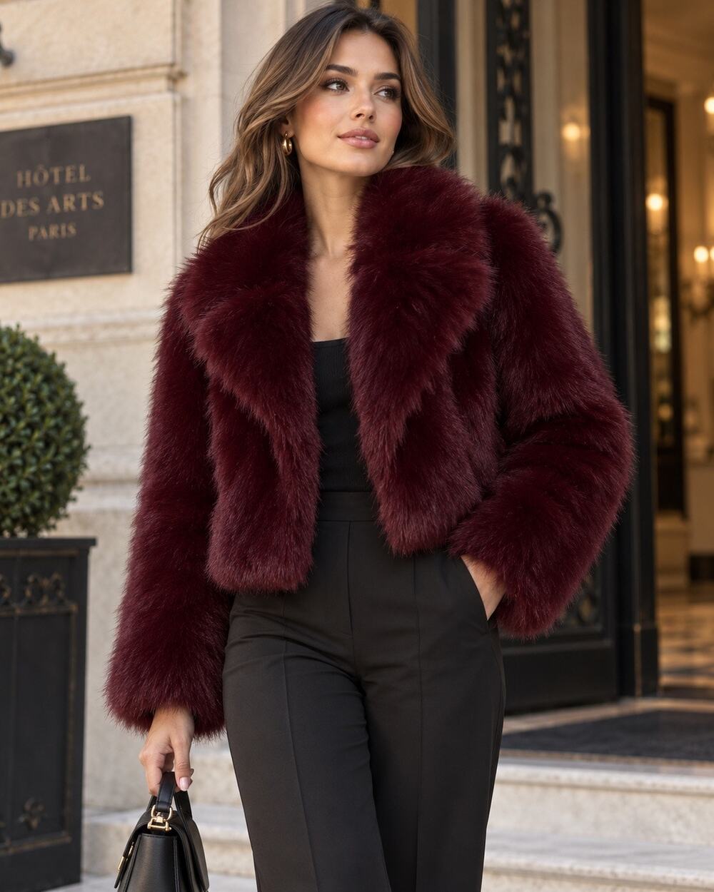 M x MILLY Short Faux Fur Jacket in Burgundy, NWT, Size S